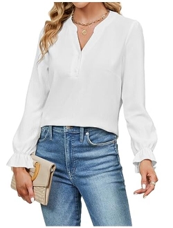 Women's Dressy Casual Tops Business Work Blouses White Button Down Shirts Cap Sleeve V Neck Tshirt