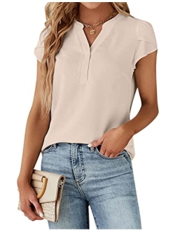 Women's Dressy Casual Tops Business Work Blouses White Button Down Shirts Cap Sleeve V Neck Tshirt