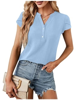 Women's Dressy Casual Tops Business Work Blouses White Button Down Shirts Cap Sleeve V Neck Tshirt