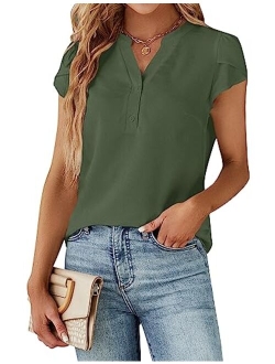 Women's Dressy Casual Tops Business Work Blouses White Button Down Shirts Cap Sleeve V Neck Tshirt