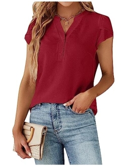 Women's Dressy Casual Tops Business Work Blouses White Button Down Shirts Cap Sleeve V Neck Tshirt