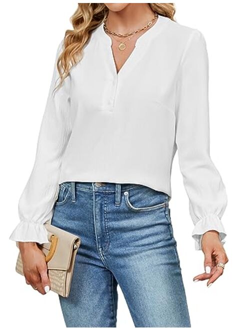 Blooming Jelly Women's Dressy Casual Tops Business Work Blouses White Button Down Shirts Cap Sleeve V Neck Tshirt