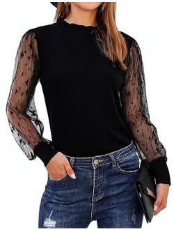 Womens Mock Neck Tops Mesh Long Sleeve Shirts Polka Dot Ruffle Elegant Blouse