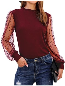 Womens Mock Neck Tops Mesh Long Sleeve Shirts Polka Dot Ruffle Elegant Blouse