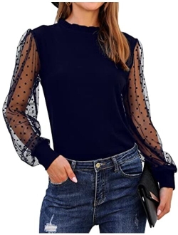 Womens Mock Neck Tops Mesh Long Sleeve Shirts Polka Dot Ruffle Elegant Blouse