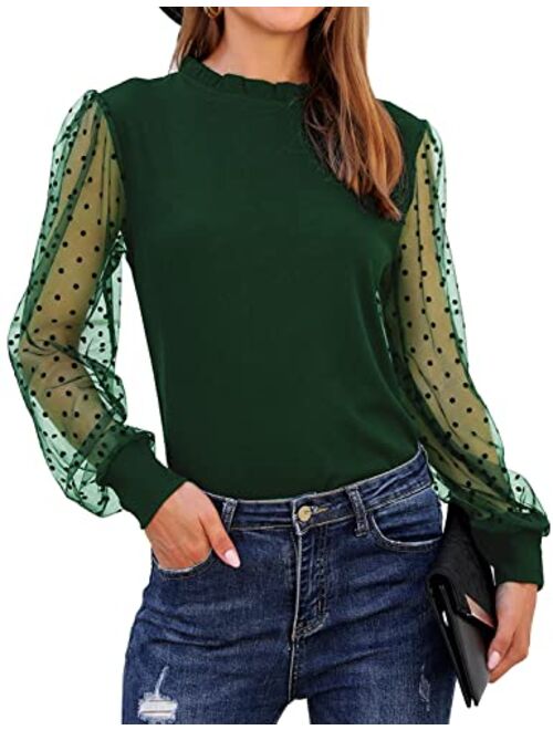 Blooming Jelly Womens Mock Neck Tops Mesh Long Sleeve Shirts Polka Dot Ruffle Elegant Blouse