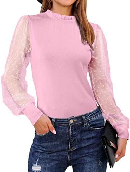 Blooming Jelly Womens Mock Neck Tops Mesh Long Sleeve Shirts Polka Dot Ruffle Elegant Blouse