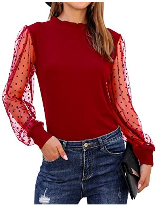 Blooming Jelly Womens Mock Neck Tops Mesh Long Sleeve Shirts Polka Dot Ruffle Elegant Blouse