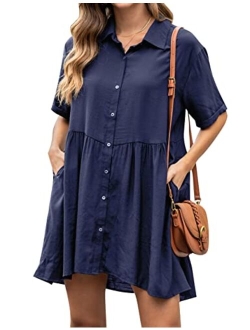 Womens Flowy Casual Dress Maternity Summer Dresses V Neck Button Down Cute Mini Dress with Pockets