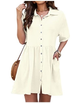 Womens Flowy Casual Dress Maternity Summer Dresses V Neck Button Down Cute Mini Dress with Pockets