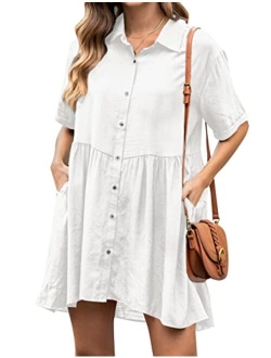 Womens Flowy Casual Dress Maternity Summer Dresses V Neck Button Down Cute Mini Dress with Pockets