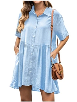 Womens Flowy Casual Dress Maternity Summer Dresses V Neck Button Down Cute Mini Dress with Pockets