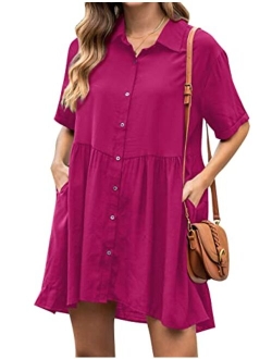 Womens Flowy Casual Dress Maternity Summer Dresses V Neck Button Down Cute Mini Dress with Pockets