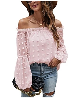 Women's Off The Shoulder Tops Chiffon Blouses Long Sleeve Shirts Flattering Pom Pom Top