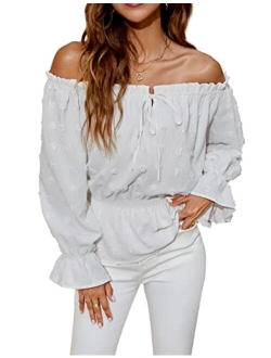 Women's Off The Shoulder Tops Chiffon Blouses Long Sleeve Shirts Flattering Pom Pom Top