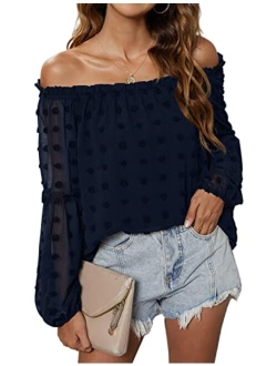 Women's Off The Shoulder Tops Chiffon Blouses Long Sleeve Shirts Flattering Pom Pom Top