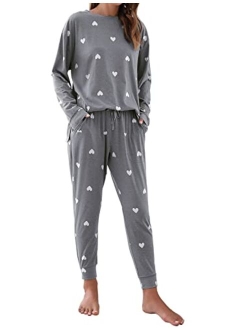 Womens Cute Pajama Sets Long Sleeve Heart Printed Lounge Set Pockets Two Piece Outfits