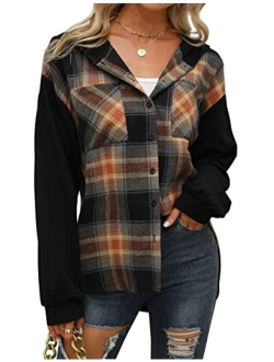 Womens Plaid hooded Flannel Shirts Long Sleeve Hoodies Shacket Button Down Oversized Color Block Fall Tops