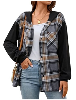 Womens Plaid hooded Flannel Shirts Long Sleeve Hoodies Shacket Button Down Oversized Color Block Fall Tops