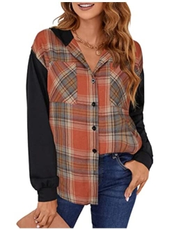 Womens Plaid hooded Flannel Shirts Long Sleeve Hoodies Shacket Button Down Oversized Color Block Fall Tops