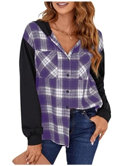 Womens Plaid hooded Flannel Shirts Long Sleeve Hoodies Shacket Button Down Oversized Color Block Fall Tops