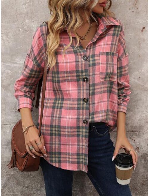 Plaid Print Drop Shoulder Coat