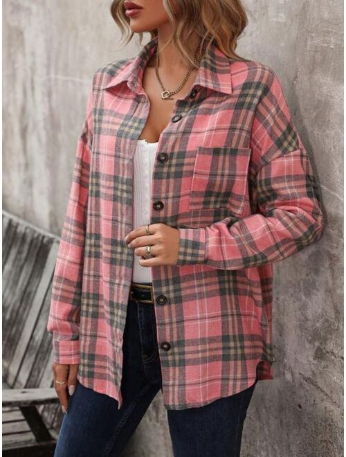 Plaid Print Drop Shoulder Coat