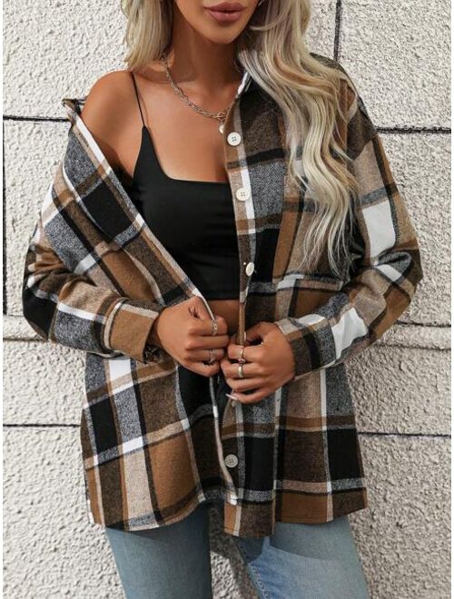 SHEIN LUNE Plaid Print Drop Shoulder Shirt