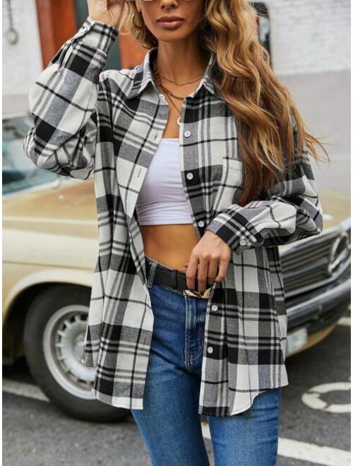 SHEIN LUNE Plaid Print Drop Shoulder Shirt