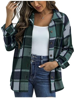 Traleubie Women's Flannel Jacket Plaid Shacket Lapel Button Down Long Sleeve Shirt Color Block Casual Coat