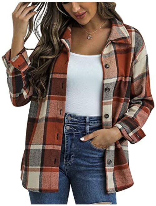 Traleubie Women's Flannel Jacket Plaid Shacket Lapel Button Down Long Sleeve Shirt Color Block Casual Coat