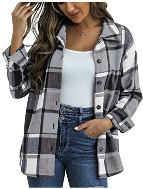 Traleubie Women's Flannel Jacket Plaid Shacket Lapel Button Down Long Sleeve Shirt Color Block Casual Coat