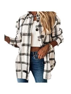 Flovey Womens Flannel Plaid Shirts Long Sleeve Casual Mid-Long Blouses Button-Down Shirts with Pockets