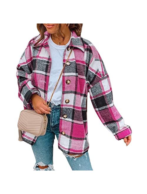 Flovey Womens Flannel Plaid Shirts Long Sleeve Casual Mid-Long Blouses Button-Down Shirts with Pockets