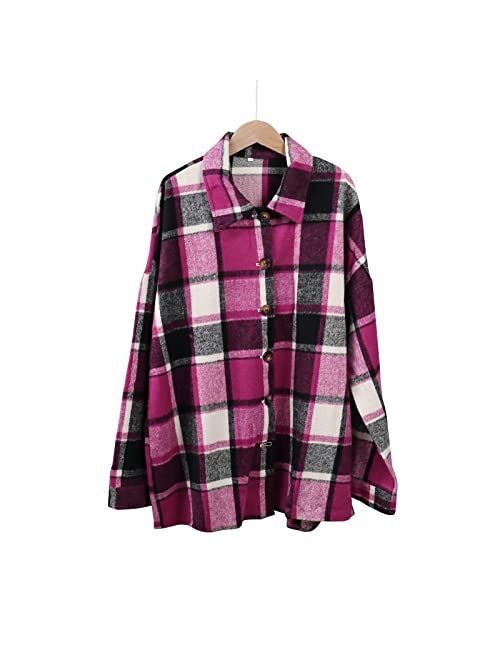 Flovey Womens Flannel Plaid Shirts Long Sleeve Casual Mid-Long Blouses Button-Down Shirts with Pockets