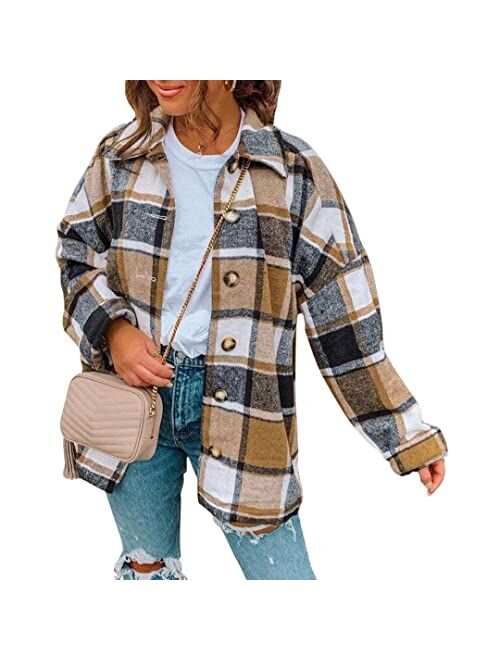 Flovey Womens Flannel Plaid Shirts Long Sleeve Casual Mid-Long Blouses Button-Down Shirts with Pockets