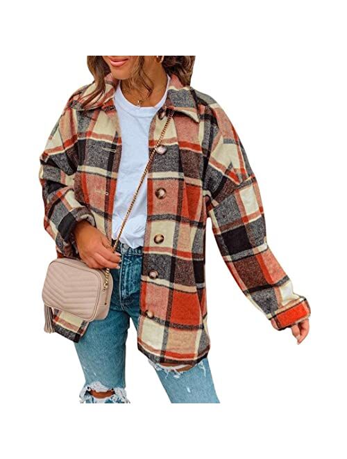 Flovey Womens Flannel Plaid Shirts Long Sleeve Casual Mid-Long Blouses Button-Down Shirts with Pockets