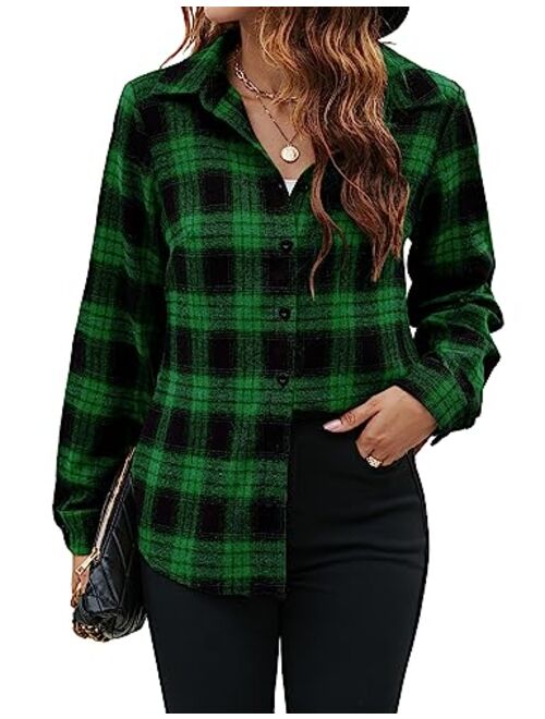 Blooming Jelly Women's Flannel Shirts Plaid Button Down Shacket Fall Long Sleeve Blouses Business Casual Tops