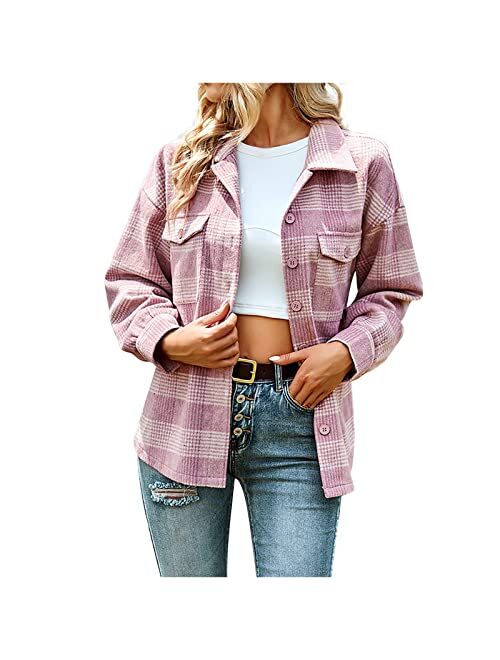 ZSDVBZS Womens Plaid Shirts Classic-Fit Lapel Long Sleeve Shirt Tops Fall Fashion 2022 Button Down Shacket Jacket Coat with Pockets