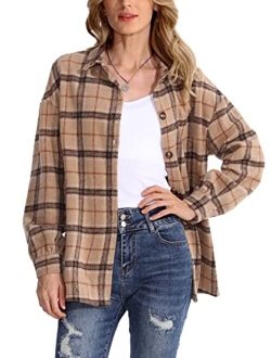 HOOKLZO Women's 2023 Fall Clothes Plaid Shacket Jacket Oversize Long Sleeve Button Down Flannel Shirts Blouses Tops