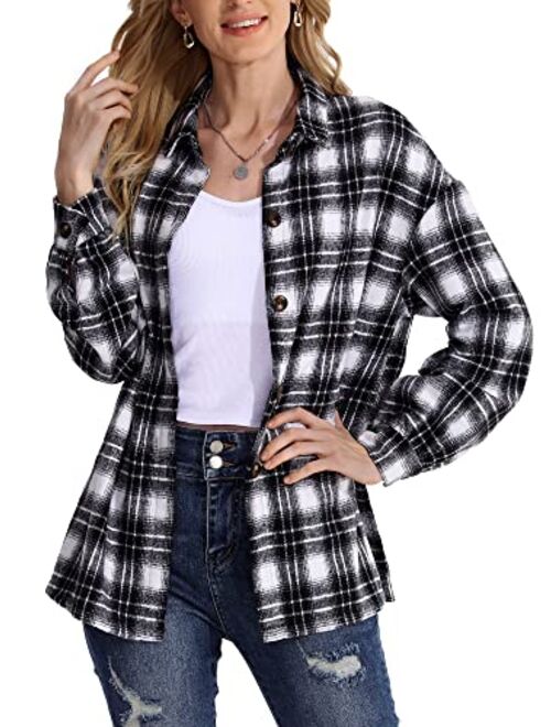 HOOKLZO Women's 2023 Fall Clothes Plaid Shacket Jacket Oversize Long Sleeve Button Down Flannel Shirts Blouses Tops