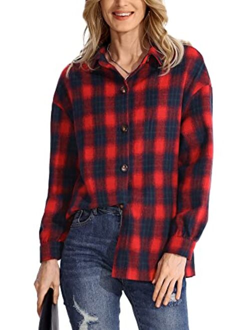 HOOKLZO Women's 2023 Fall Clothes Plaid Shacket Jacket Oversize Long Sleeve Button Down Flannel Shirts Blouses Tops