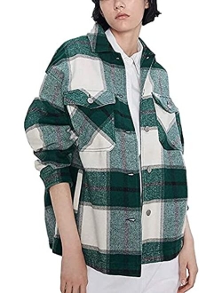 Lviefent Womens Casual Wool Blend Plaid Flannel Shackets Jacket Button Down Shirt Coat