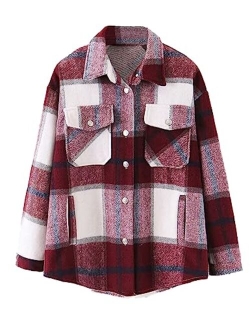 Lviefent Womens Casual Wool Blend Plaid Flannel Shackets Jacket Button Down Shirt Coat