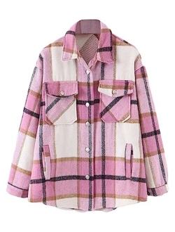 Lviefent Womens Casual Wool Blend Plaid Flannel Shackets Jacket Button Down Shirt Coat