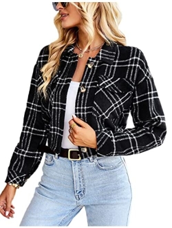 Lviefent Womens Casual Wool Blend Plaid Flannel Shackets Jacket Button Down Shirt Coat