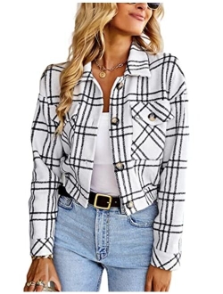 Lviefent Womens Casual Wool Blend Plaid Flannel Shackets Jacket Button Down Shirt Coat