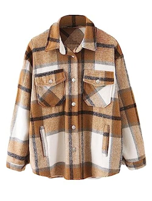 Lviefent Womens Casual Wool Blend Plaid Flannel Shackets Jacket Button Down Shirt Coat