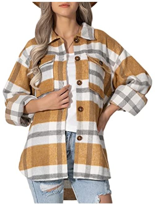 Lviefent Womens Casual Wool Blend Plaid Flannel Shackets Jacket Button Down Shirt Coat