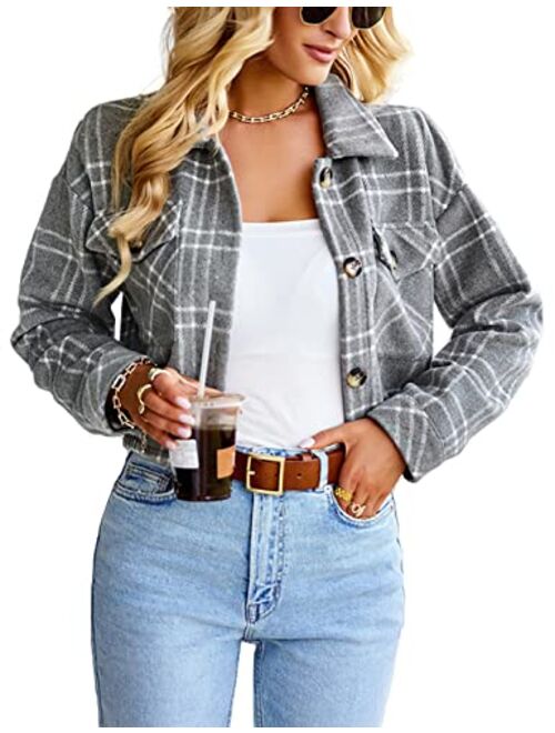 Lviefent Womens Casual Wool Blend Plaid Flannel Shackets Jacket Button Down Shirt Coat